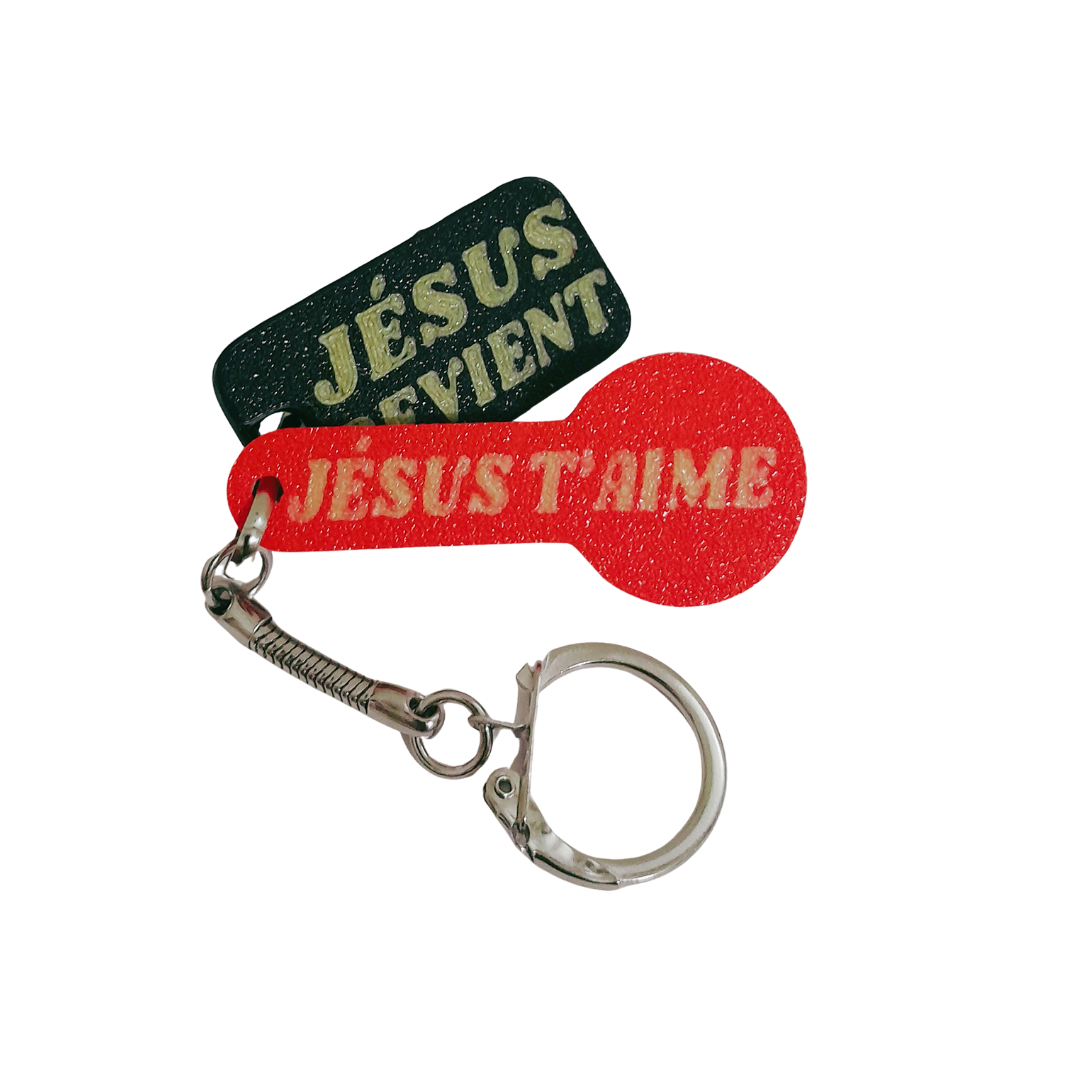 Porte-clé incluant Passe-caddie "Jésus t'aime" + Sifflet "Jésus Revient"